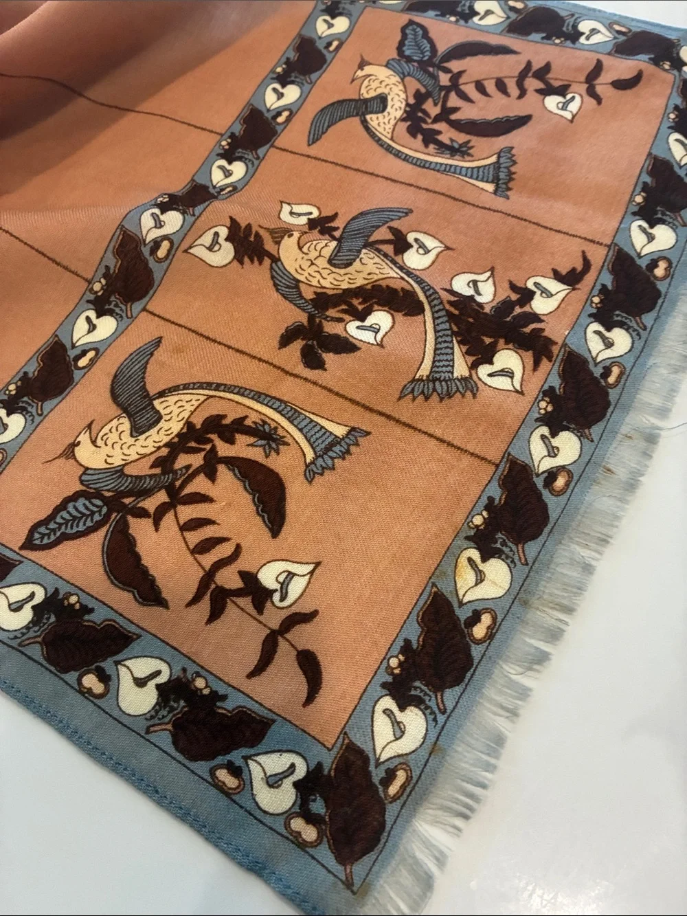 Vintage Long Linen Brown and Blue Bird Motif Scarf